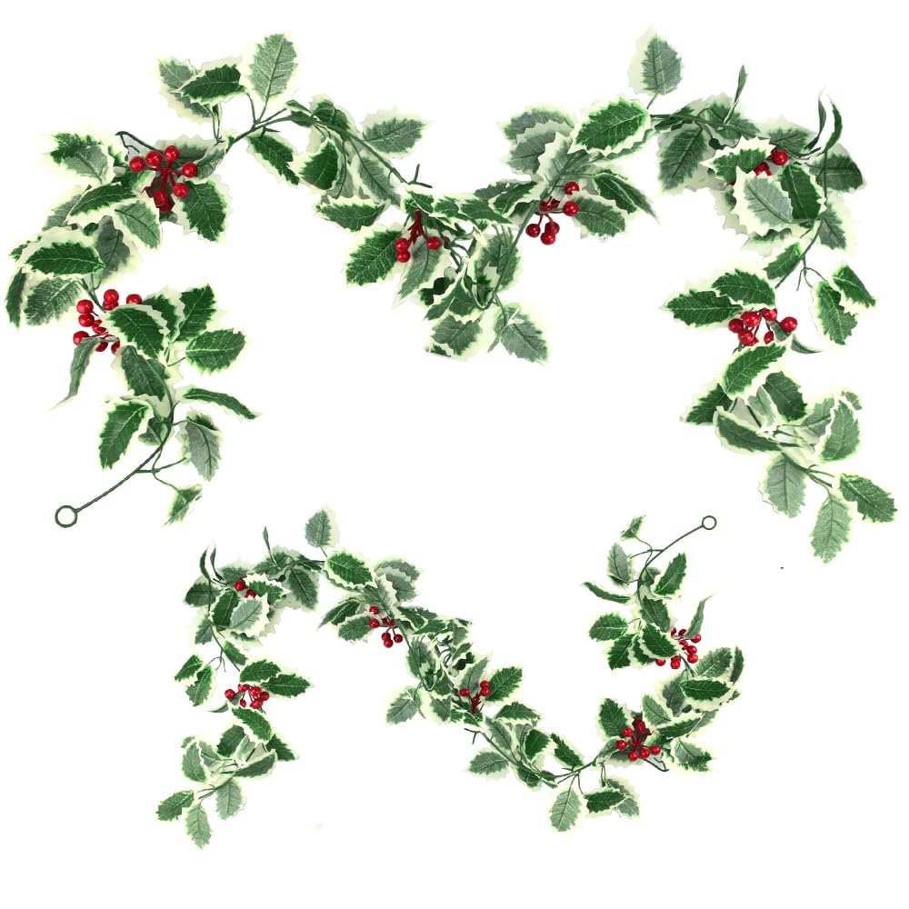 OKUYAN 2PCS Christmas Garland Artificial Holly Leaves And Berries Garland Xmas Berry Garland Red Berries Hanging Vine with Holly Leaves Winter Garland for Home Party Indoor Outdoor Decor(5.58ft/pc)