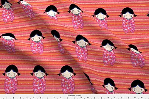 Japan Kokeshi Doll Fabric Kokeshi Doll - Fushia Floral Kimono by Lisakling Printed on Performance Piqué Fabric by the Yard by Spoonflower