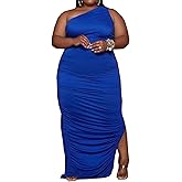Womens Sexy Plus Size One Off Shoulder Sleeveless Bodycon Ruched Evening Pencil Party Maxi Dresss