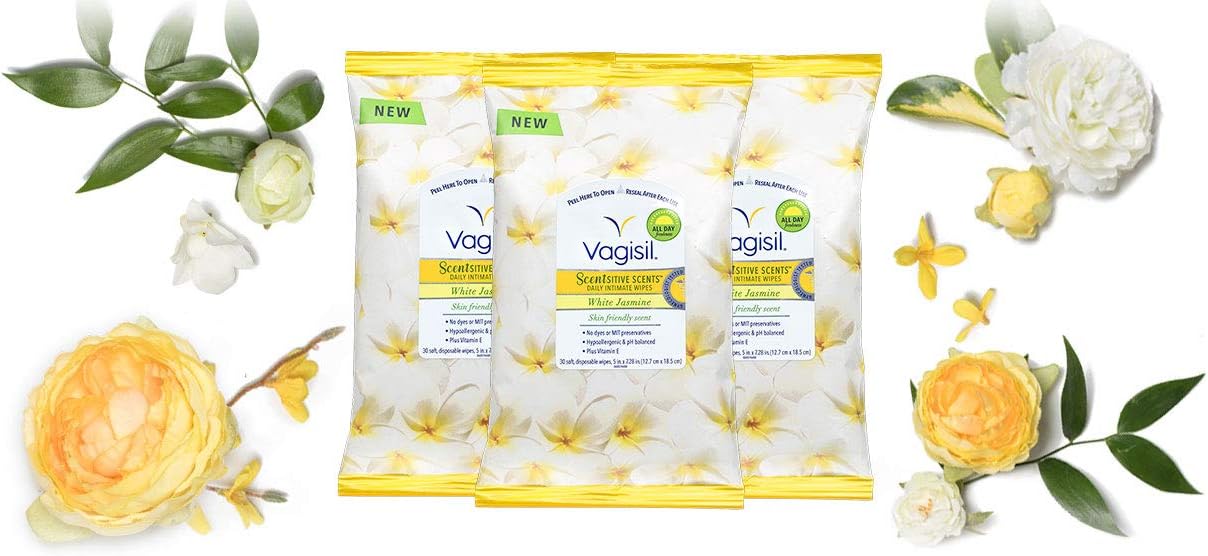 Vagisil Scentsitive Scents Daily Feminine Vaginal Wipes for Women, White Jasmine, 30 Wipes in Resealable Pack (Pack of 3): Health & Personal Care