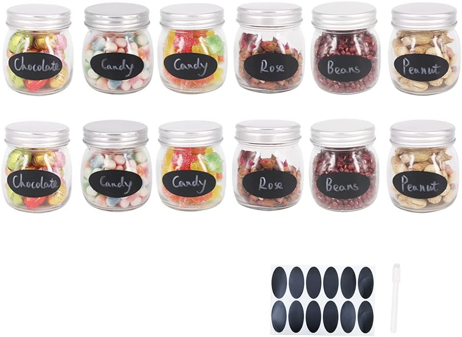 BPFY 12 Pack 10 oz Glass Jars With Lids, Small Mason Jars, Glass Jars For Candle, Spice, Honey, Baby Food, Candy, Dessert, Beans, Kitchen Storage Jars, Wedding Favor Candle Jars, Chalk Labels, Pen