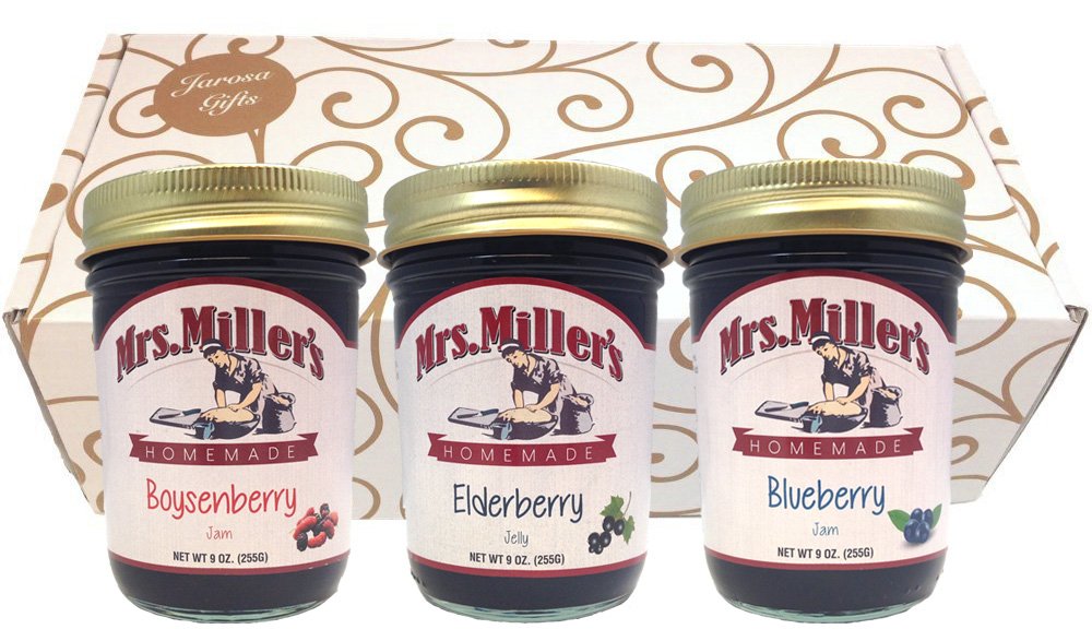 Favorite Berries Gift Assortment Box - 3 Jar Sampler, Variety Pack of Blueberry & Boysenberry Jam, and Elderberry Jelly (9 oz full-sized jars) by Mrs. Miller's in a Gold Scroll Gift Box by Jarosa Gif