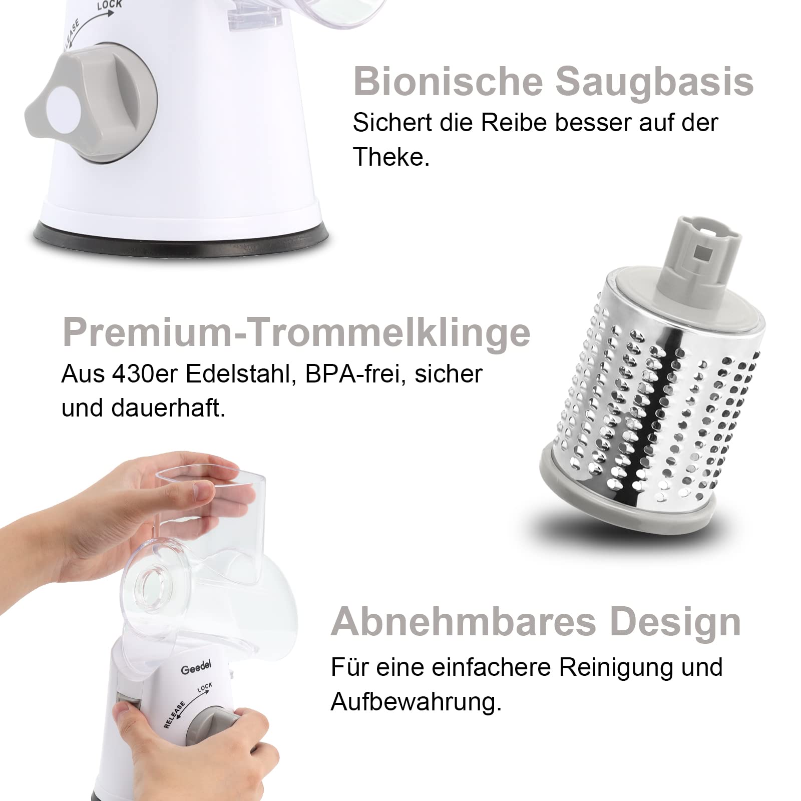 Käsereibe, Reibe für Gemüse mit 3 Trommelblättern, Trommelreibe Schnelleres und Einfaches Schneiden, Gemüseschneider Ideal für Käse, Gurken, Karotten, Nüsse usw 6
