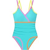 BAVADER Girls Swimsuit One Piece Girls Bathing Suit Modest Ruched Solid Adjustable Straps V Neck Padded Swimwear 9-16y
