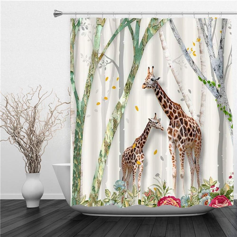 SUHETI Duschvorhang 180x180cm，Giraffe Forest Tree Flowers Wildlife Afrikanische Dschungeltiere