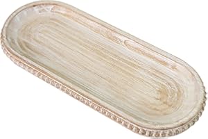 MAONAME Oval Long Narrow Wood Tray, Rustic Decorative Tray with Beaded, Wash White Farmhouse Vanity Trays, Toilet Tank Trays for Dresser, 12" x 4.7"