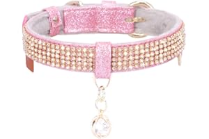 PetsHome Cat Collar, Dog Collar, [Bling Rhinestones] Premium PU Leather with Pendant Adjustable Collars for Small to Medium Dog Medium Pink