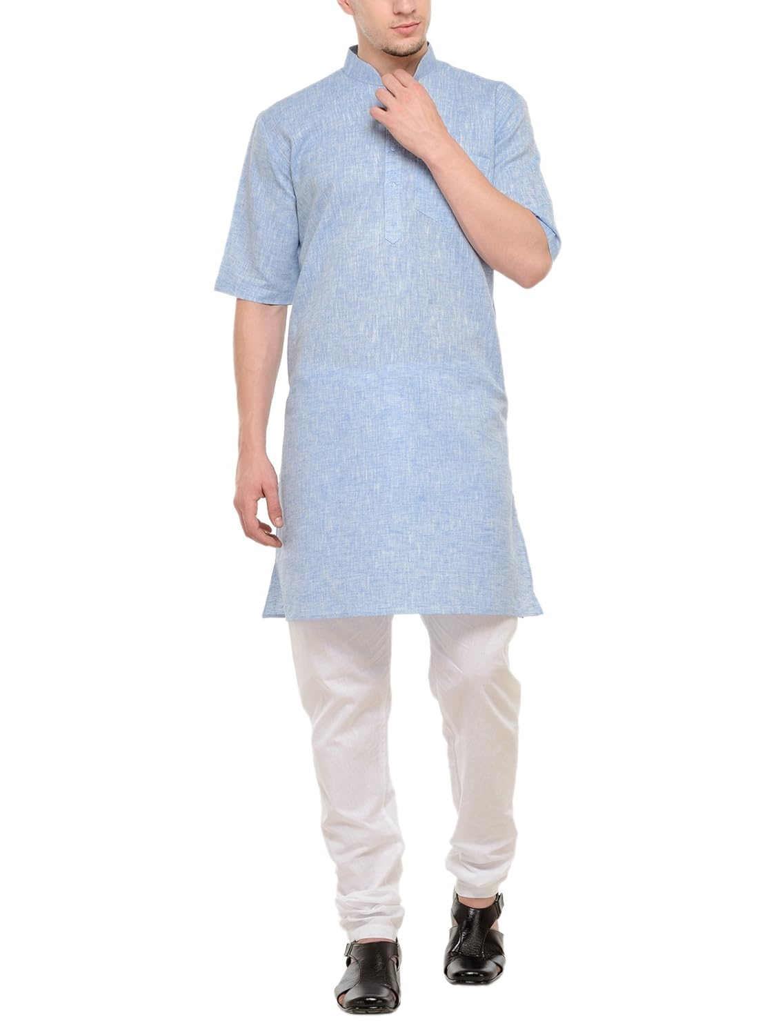 rg designers 3/4 sleeves light blue & white modi kurta & pyjama set for men