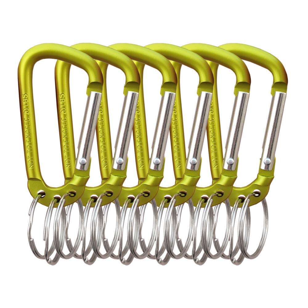 VictorsHome Carabiner Clip Keychain, D Shape Aluminum Alloy Multifunction Hook with 3 Key Rings Yellow 6pcs