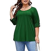 Beauhuty Plus Size Tops for Womens V Neck Tunic Pleated Front Trendy Shirts Casual Flowy Dressy Blouses Long Roll up Sleeves