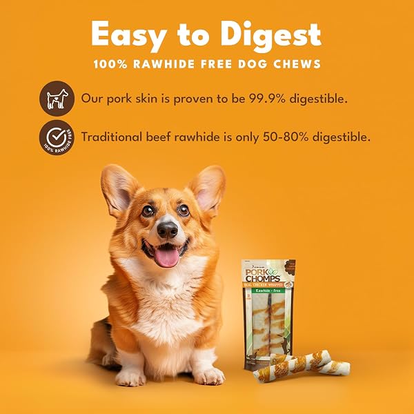 PORK CHOMPS BAKED PORK SKIN DOG CHEWS, 8-INCH ROLLS, REAL CHICKEN WRAP, 2 COUNT