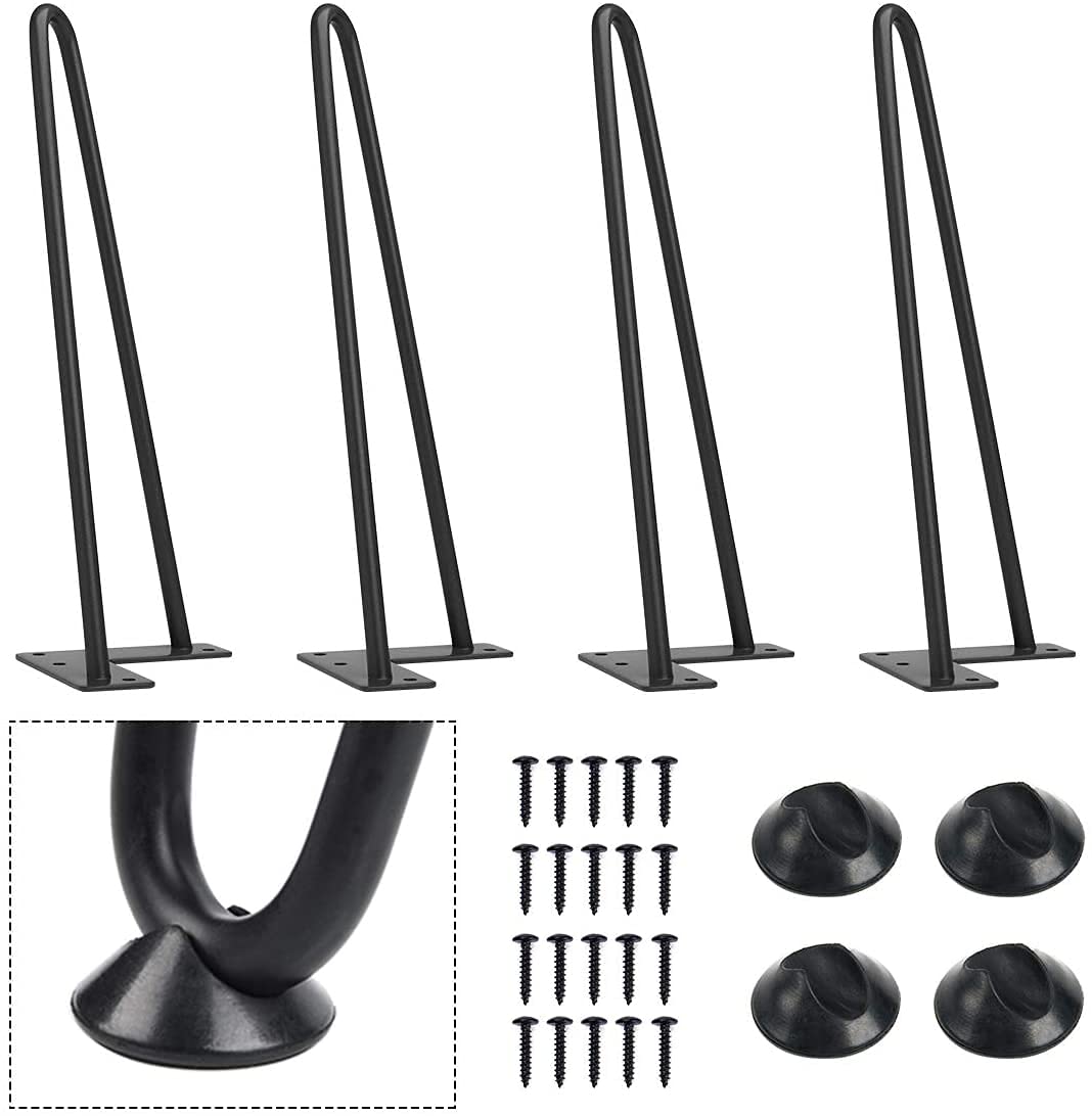 Heavy-Duty Hairpin Coffee Table Legs Diameter 3/8” with Screws and 4pcs Bonus Rubber Floor Protectors, Metal Home DIY Projects for TV Stand, Sofa, Cabinet, etc with Rubber Floor Protectors (12inch)
