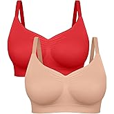 FeelinGirl Women Wirefree Bras for Women Full Coverage Comfortable Seamless Everyday Bra 2-Pack (Nude/Red, Large)