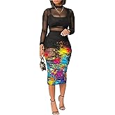 Women Sexy 3 Piece Outfits Set See Through Print Long Sleeve Midi Dress Sheer Mesh Crop Tank Tops Bodycon Skirt