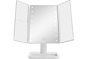 MELANNCO Elements Tri Fold LED Vanity Mirror, 3 Magnifications and Dimmable LED Lights, White, 7.09x4.69x11.61 Inch