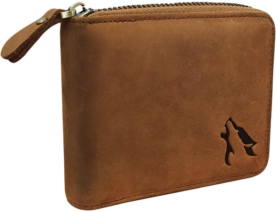 HEMWOLF Men's Real Genuine Leather RFID Blocking Heavy-Duty Zip Around Bifold Wallet, Full Grain Leather