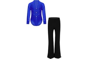 Aislor Kids Boys Shiny Rhinestone Latin Dance Leotard Long Sleeve Bodysuit Skating Jumpsuit Romper with Trousers Set