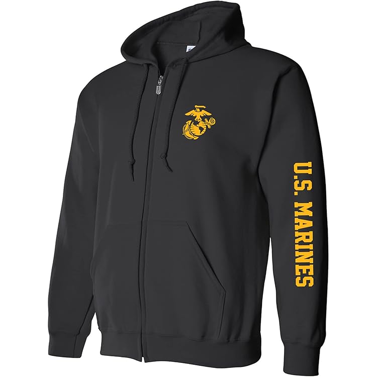 Zerogravitee Sudadera Con Capucha Y Cremallera Completa Con Estampado De Manga Blanca De Los Marines, Negro