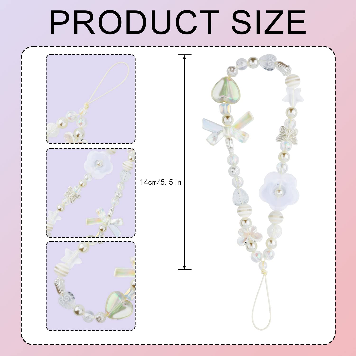 2pcs Cute Beaded Cellphone Straps Charms Butterfly Phone Lanyard Flower Phone Chain Strawberry Wrist Strap for Girls Woman (White and Pink)