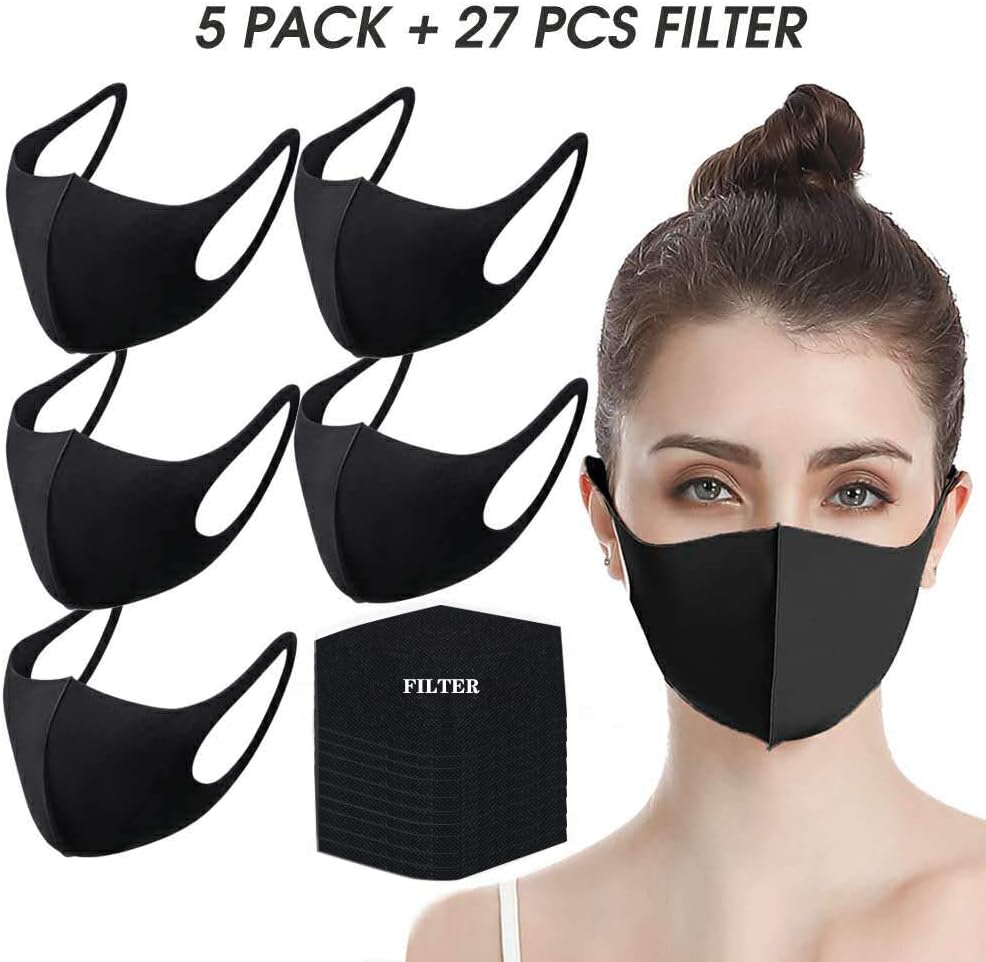 Fashion Protective Face Masks by undwider, Unisex Mouth Mask, Reusable Washable Breathable Face Shield for Cycling Camping Travel, Black, 5 Pack