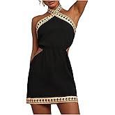 MakeMeChic Women's Boho Mini Dress Summer Beach Vacation Halter Dresses Floral Sundress Black Medium