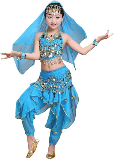 Amazon Followdream コスプレ キッズ ベリーダンス 衣装 4点セット コスチューム 子供用 アラジン衣装 仮装 女の子 インドダンス 民族衣装 練習着 ダンスウェア 演出服 学園祭 舞台祭 ハロウィン プレゼント ブルー Xl キッズコスチューム ホビー