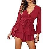 Relipop Womens Floral Print Romper V Neck Long Sleeve Double Layer Ruffle Hem Shorts Jumpsuit 2026 Beach Vacation Outfits