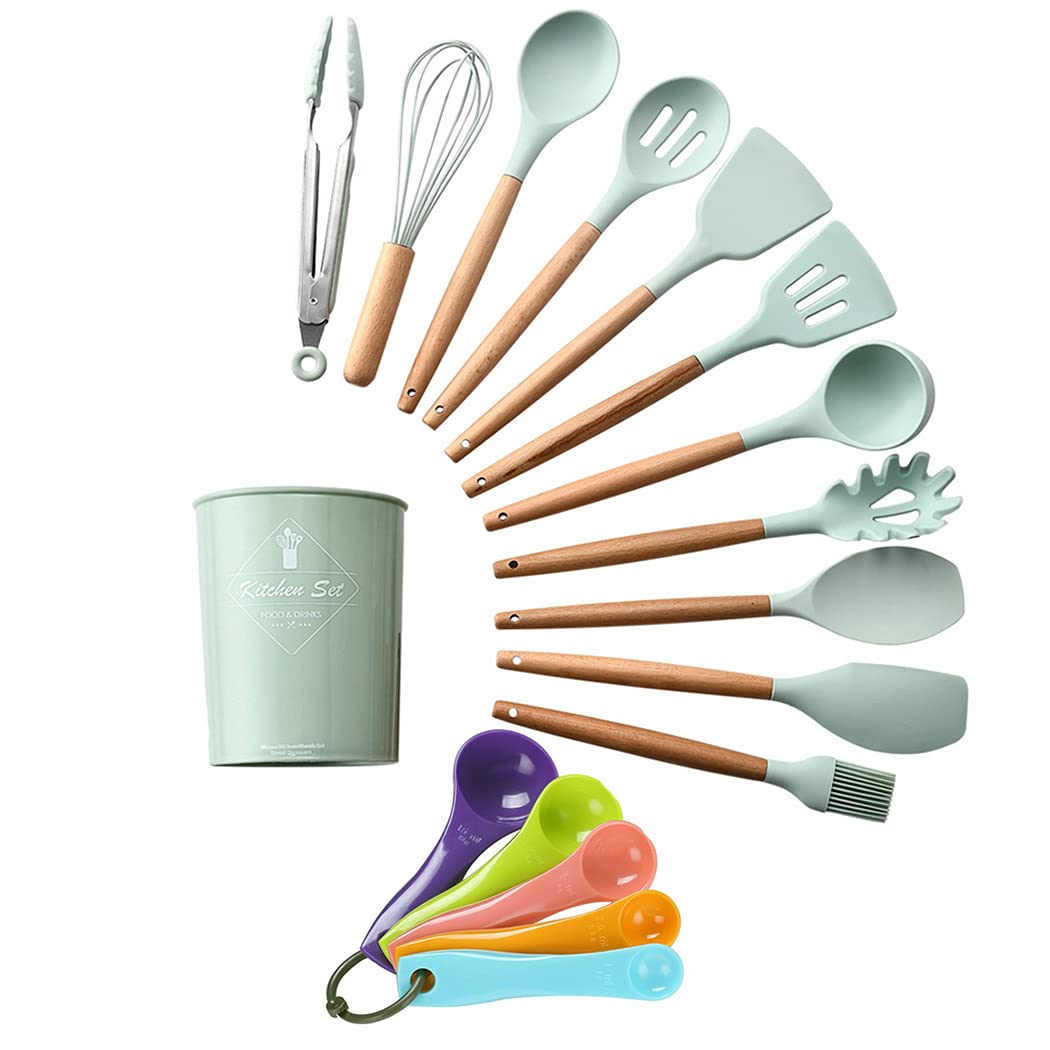 SIPLIV 17PCS Silicone Utensils Set with Wooden Handle Heat Resistant Cookware Utensils Kit Easy to Clean Kitchenware Kitchen Tools for Non-Stick Cookware - Mint Green