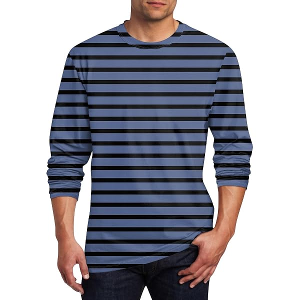 Men's Casual Cotton Spandex Striped Crewneck Long-Sleeve T-Shirt