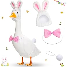 Shyyween Easter Bunny Porch Goose Outfits for Cement Goose 23"/ 17'' Lawn Goose Statue Clothes Bunny Ear Hat and Bow Tie Tail