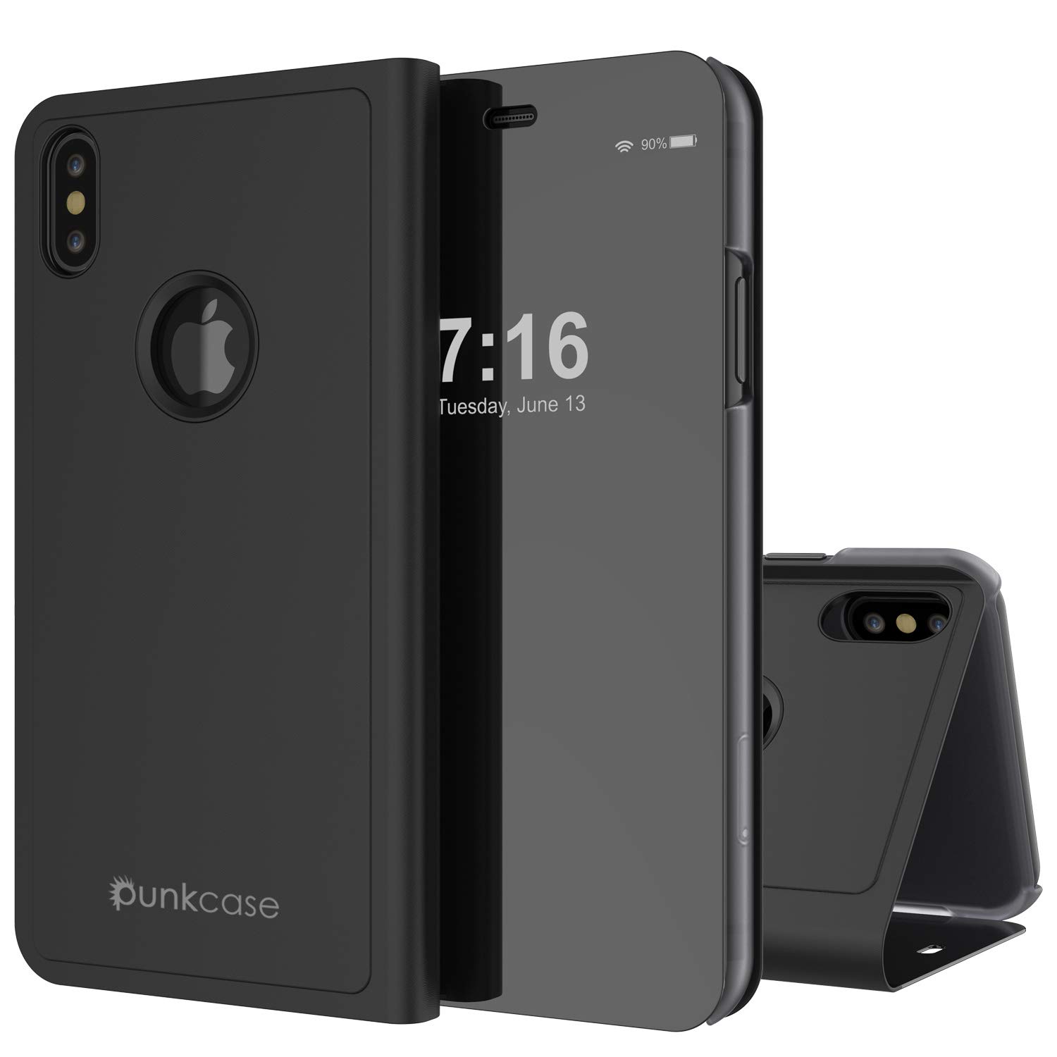 PunkCase for iPhone X Reflector Case Protective Flip Cover W/Scratch Resistant Semi Translucent Mirror Front & Non-Slip PU Leather Back Integrated Kickstand for iPhone X (Black)