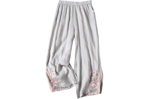 Wide Leg Palazzo Pants for Women Floral Embroidered Lounge Pant Elastic Waist Summer Beach Vacation Straight Slacks