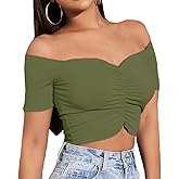 LYANER Women's Off Shoulder Ruched Short Sleeve Rib Knit Sexy Crop Top Blouse