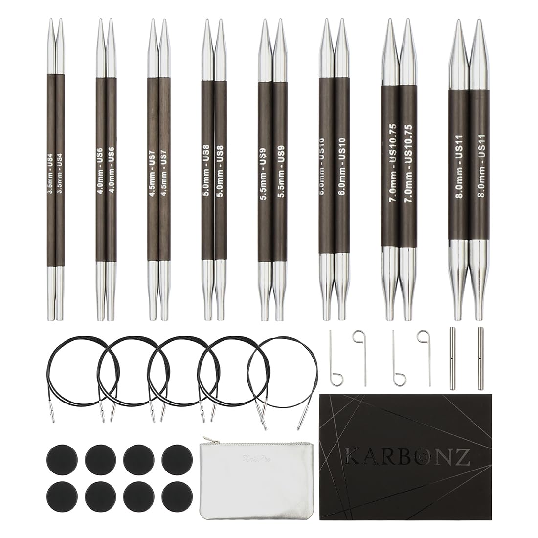 KNITPRO Karbonz Interchangeable Circular Needles Set with Accessories (3.50-8.00mm), Black and Silver