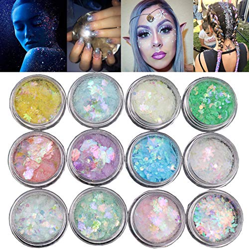 Holographic Chunky Glitter 12 Boxes Face Body Eye Hair Nail Festival Different Size and Colors Powder Glitter Mixed Paillette Sparkles Tips