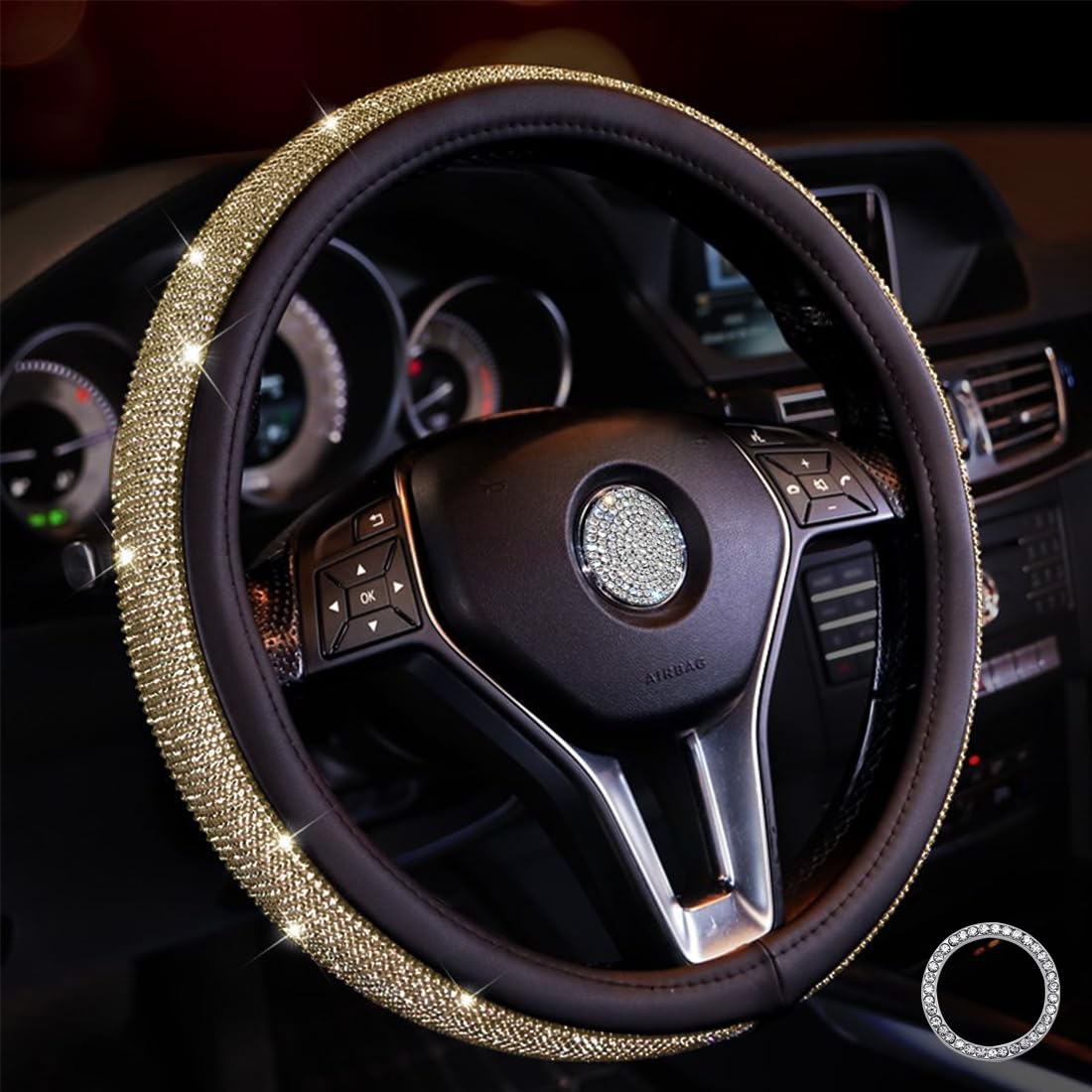 Lifetooler Steering Wheel Covers with Bling Rhinestones,Diamond Steering Wheel Cover Sparkly Crystal Diamante Anti-Slip Universal 38cm/15 inch Bling Car Accessories for Women Girls (black-gold)
