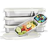 Bakpoco Stainless Steel Snack Containers for Kids Adults, 4 Pack 2 Compartment Metal Snack Containers Box with Lid, Reusable Food Storage Container, Leak Proof, Grab and Go