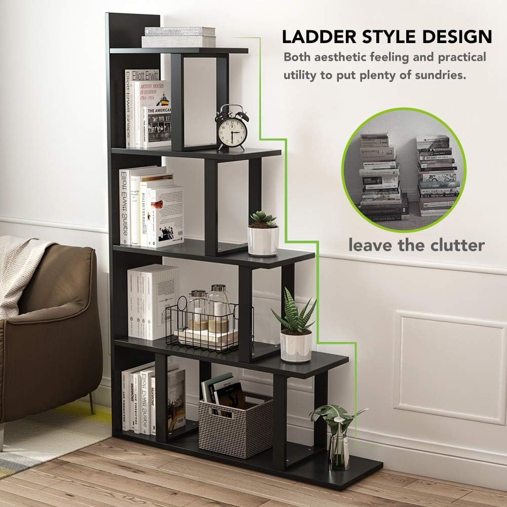 Tribesigns Black 5Shelf Ladder Corner Bookshelf, Modern Simplism Style