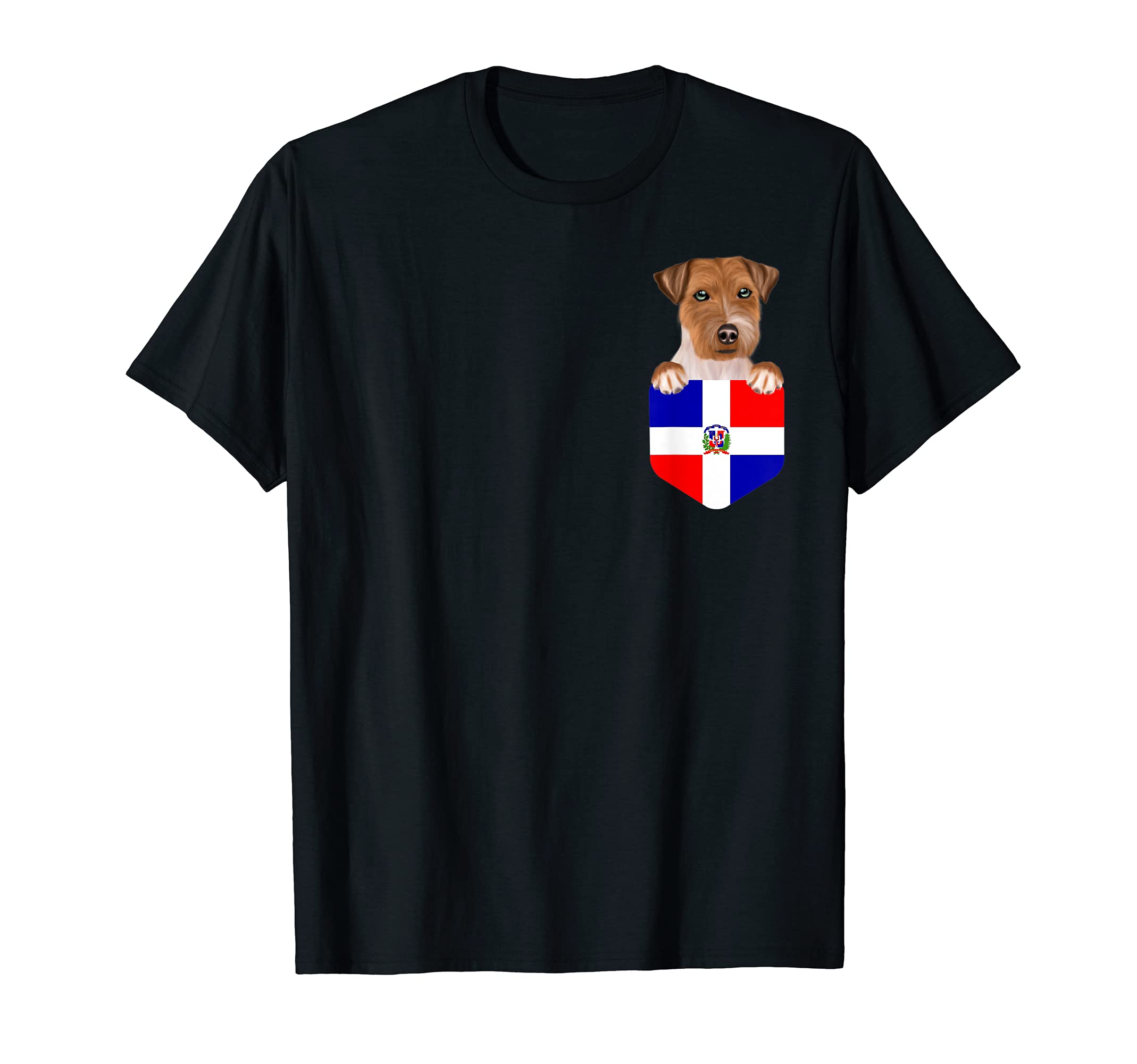 Dominican Republic Flag Russell Terrier Dog In Pocket T-Shirt