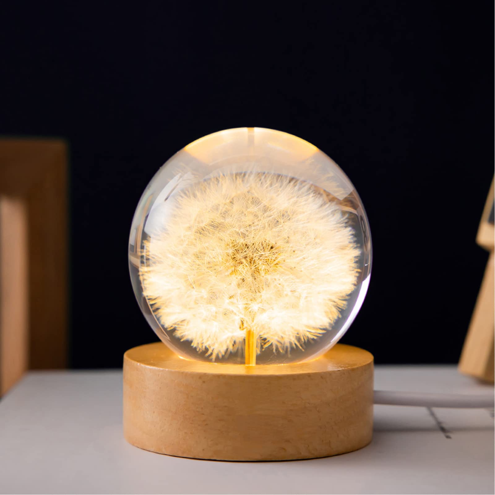 MARZIUS Flower Crystal Ball Night Light,6cm Glass Ball Night Lamp with Wooden Base (Dandelion)
