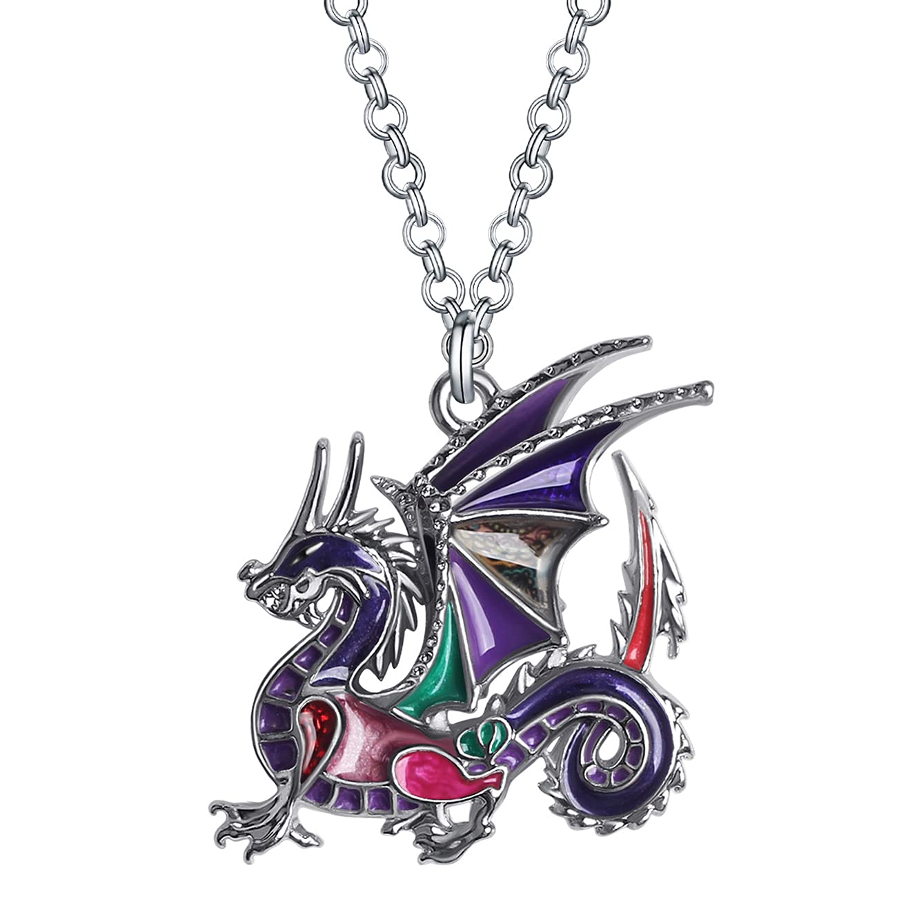 BONSNY Enamel Metal Fantasy Dragon Dinosaur Necklaces Pendant for Women Jewelry Lucky Symbol (Purple)