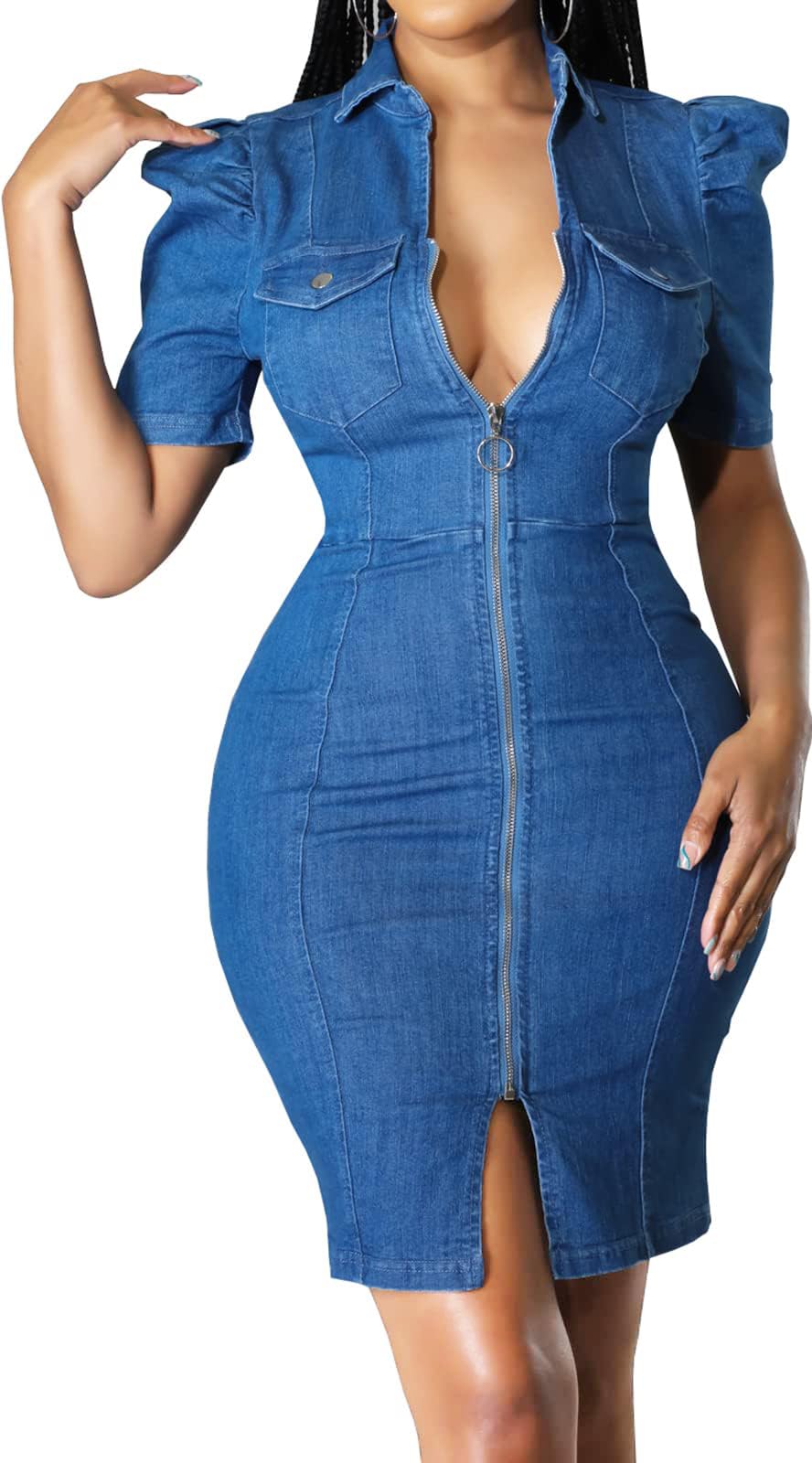Photo 1 of ***SIZE KL*****
Women's Bodycon Denim Dress Sexy V Neck Short Puff Sleeve Bodycon Slim Mini Dresses with Zipper Pockets for Club Party Night