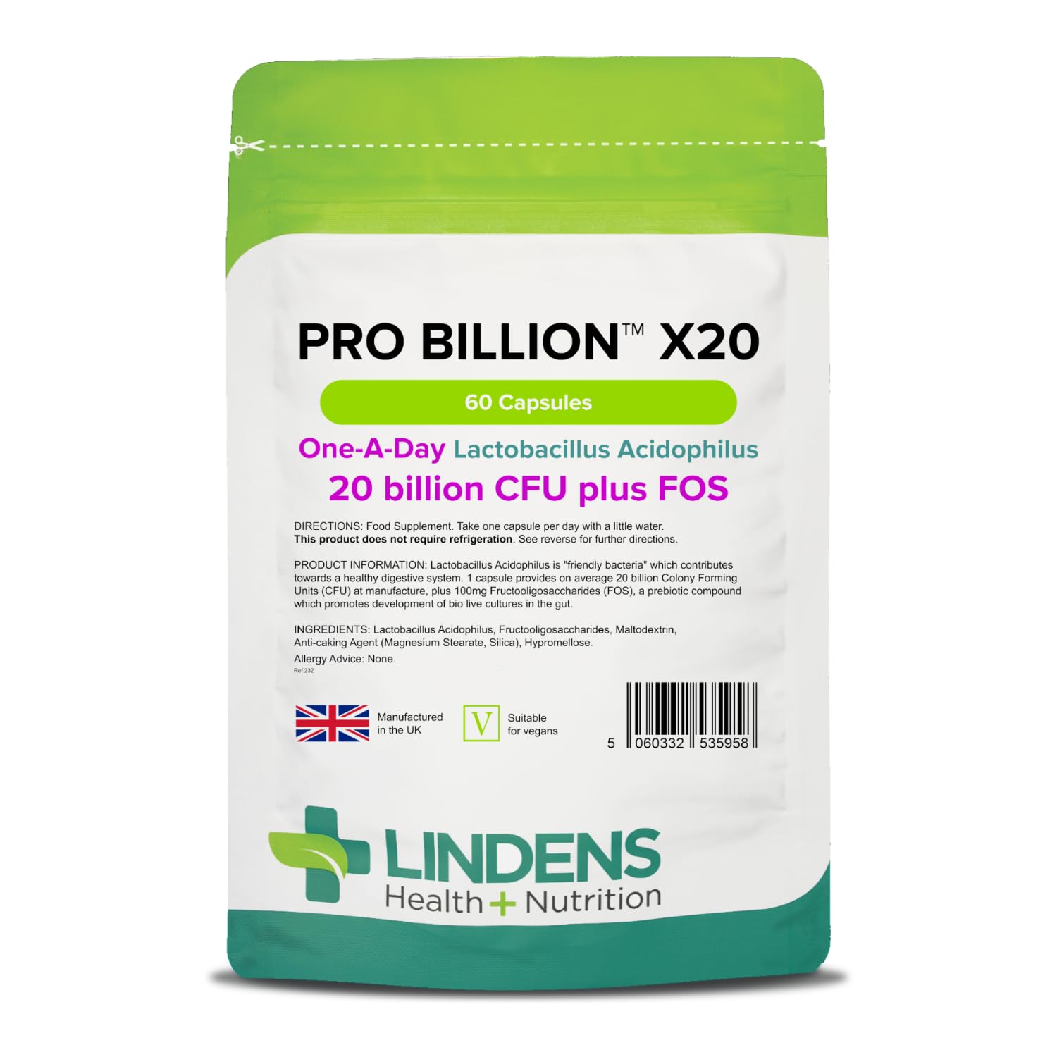 Lindens - Pro Billion X20, 60 Capsules - 20 Billion CFU Plus FOS - 1 a Day, UK Made - High Potency Lactobacillus Acidophilus, Healthy Digestion - Letterbox Friendly, Vegan