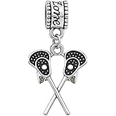 Lacrosse Charm Bead – Crossed Sticks Pendant Compatible with Pandora, Biagi, Chamilia, Troll, European Bracelets – Stainless Steel Gift for Players, Coaches, Fans, Team Jewelry