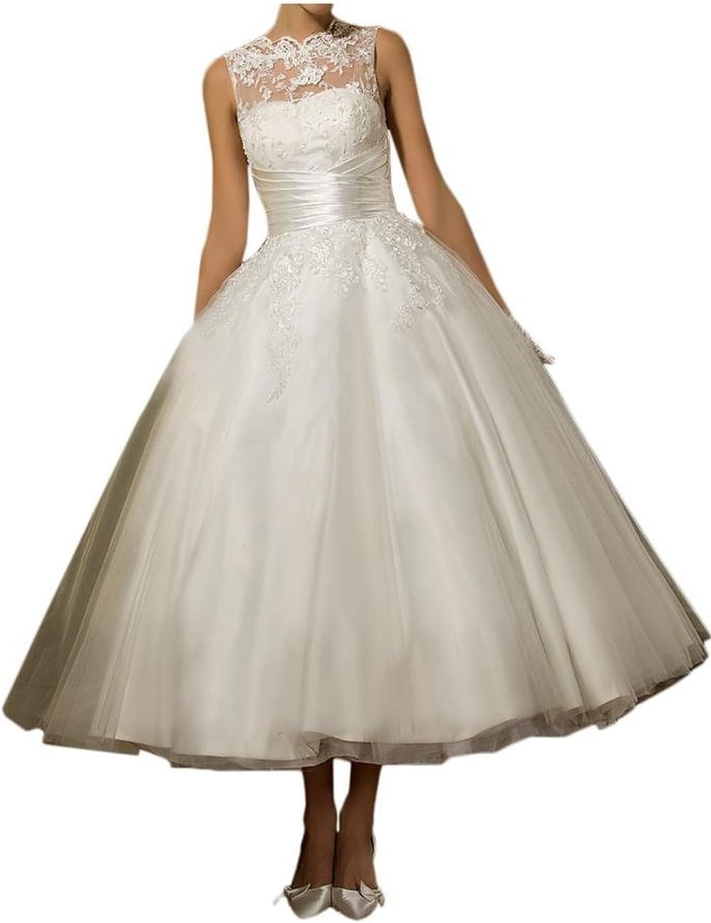 VEPYCLY Women's Lace Scoop Sleeveless Tea Length Tulle Bride Ball Gown Wedding Dresses