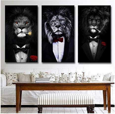 Amazon キャンバスの絵画スーツを着た黒い野生のライオンポスターと版画葉巻を吸うライオン寝室の装飾23 6 X35 4 60x90cm 3 フレームなし アートフレーム ポスター オンライン通販