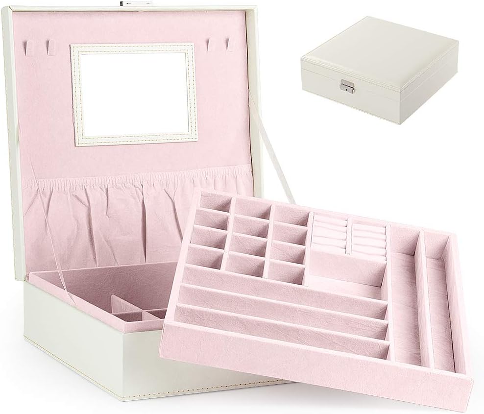 BalladHome Jewelry Storage Box PU Leather Jewelry Box Built-in Mirror, Lockable, Large Capacity, Makeup, Earrings ，and Accessories Storage - Super Practical (White)