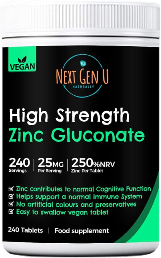 High Strength Zinc Gluconate Tablets 240 Vegan Tablets 250 NRV Zinc per Serving High