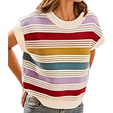 Esesoul Womens Sweater Vest Round Neck Cap Sleeve Knit Sweater Colorful Striped Sweater Casual Loose Fall Tank Tops