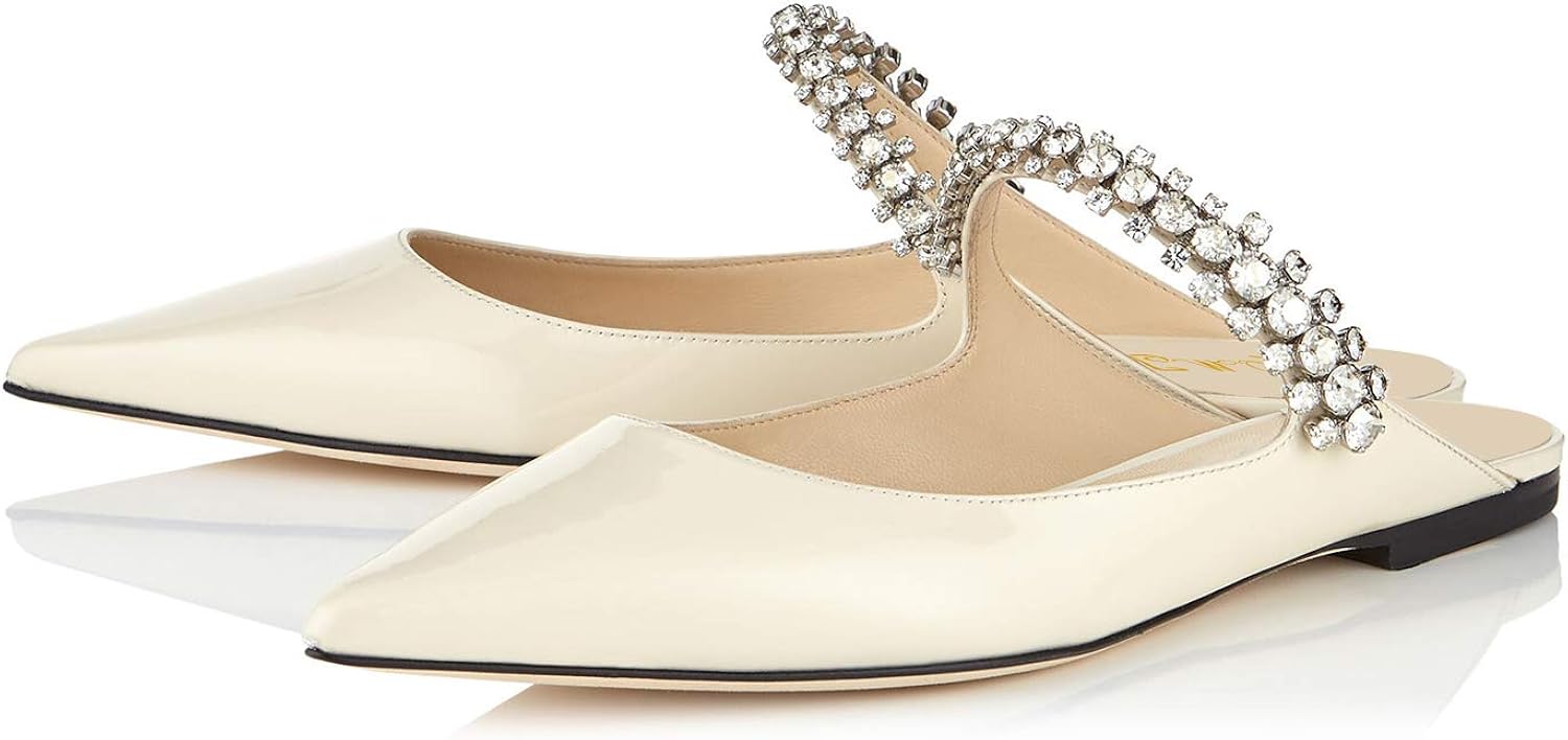 FOWT Pointed Toe Stiletto High Heel Strap Mules, 4 Inch Crystal Rhinestone Slim Strap Closed Toe Slip On Burnished Two Toned Jewelry Slide Slipper Sandal Mules Party Wedding Office 4-16 M US